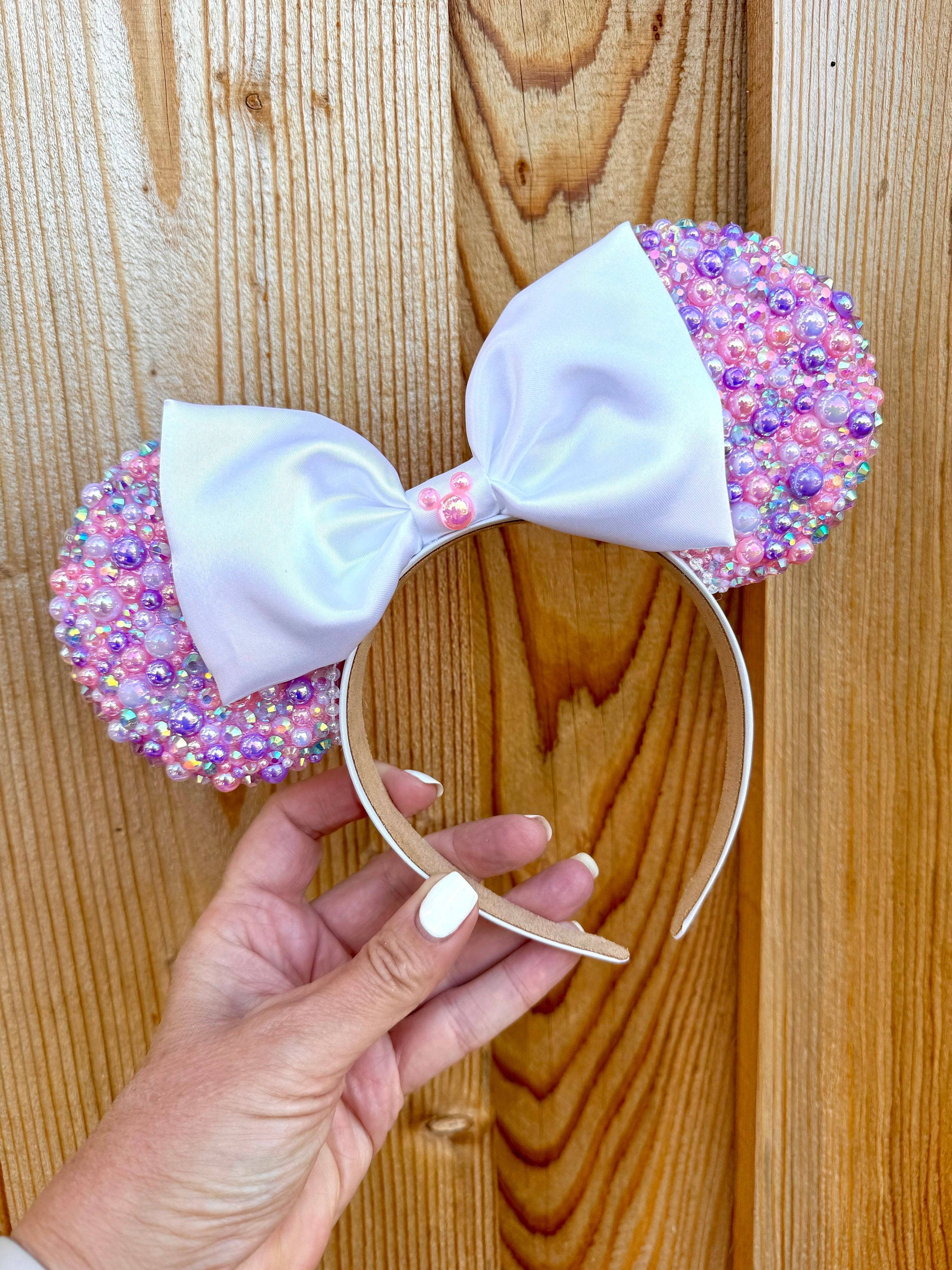 Jeweled Mouse Ears, Pink Rhinestone Disney Ears, Satin Bow 