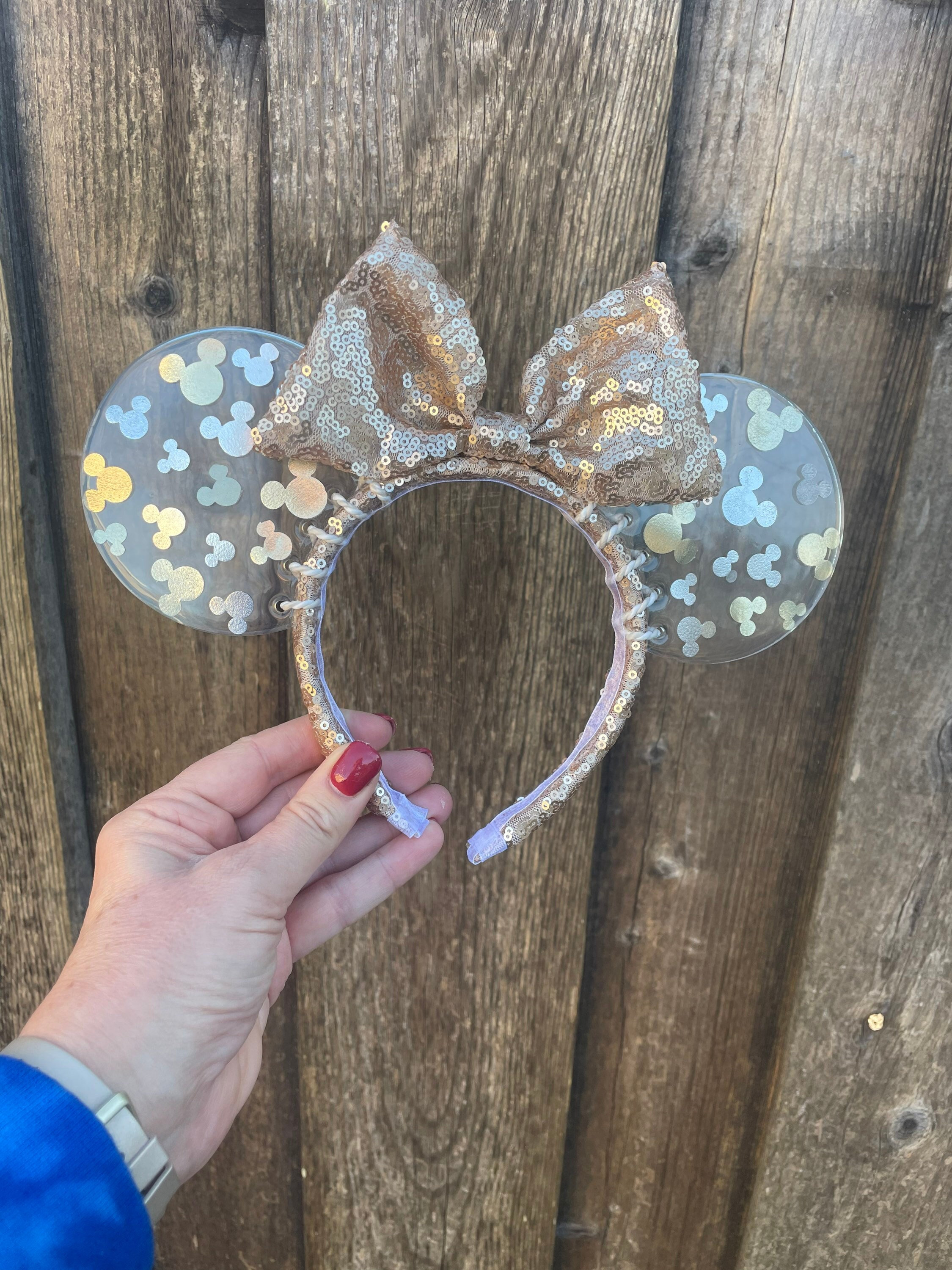 Disney Soft Gold Minnie Mouse Ears Headband with Shimmering Bow Disney Parks 50th Gold Shimmer Blue Bow WDW Minnie Mouse Ear  main image 2