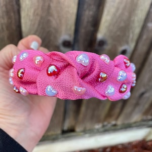 Valentine&#39;s Day Headband, Knotted Headband, Pink, Red and White Heart Headband