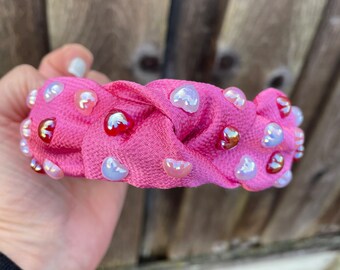 Valentinstag-Stirnband Mit Perlen & Strass – Geknotetes Damen-Haarband In Hot Pink, Für Partys & Geschenke