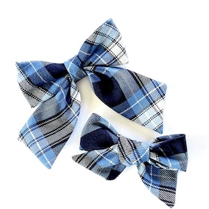 May include: Two blue and white plaid hair bows. The larger bow is tied in a classic bow shape, while the smaller bow is tied in a more casual knot.