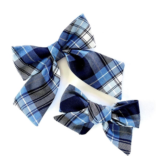 Uniform Plaid Bow - Plaid 85, Sailor, Clear Blue Plaid, Classic, Oversized Hair Bow, Uniform Plaid Hair Bow, Headband or Hair Clip