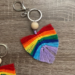 Boho macrame rainbow lgbt feather keychain with bead stocking stuffer wedding favor