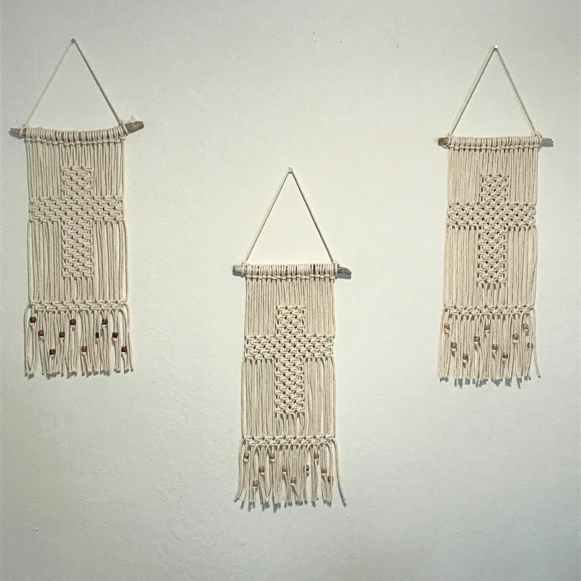 Boho Cross Pattern Macrame Wall Hanging with Beads FREE GIFT Etsy