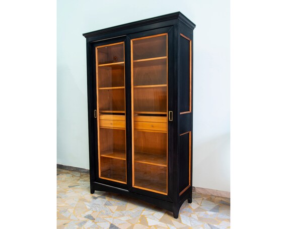 Black Shaped Bookcase With Sliding Doors Etsy