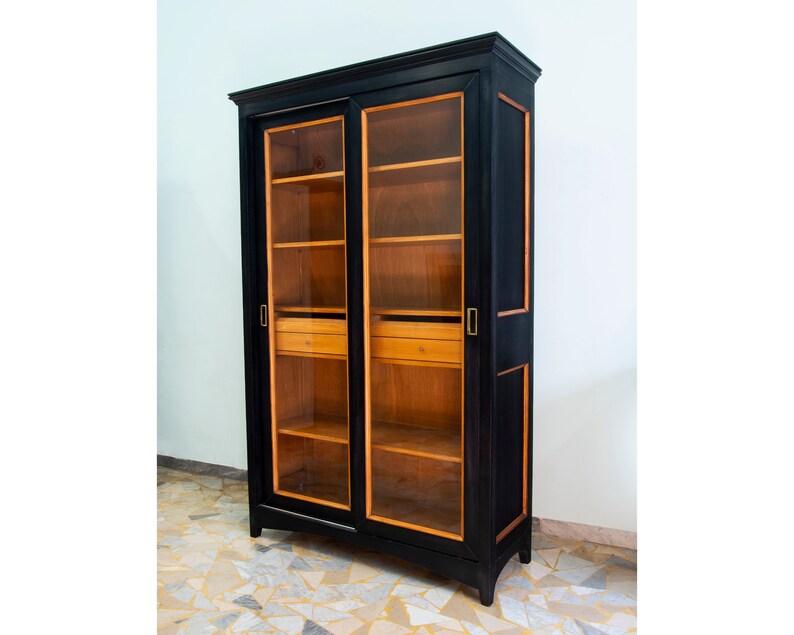 Black Shaped Bookcase with sliding doors Two Sliding Doors Etsy