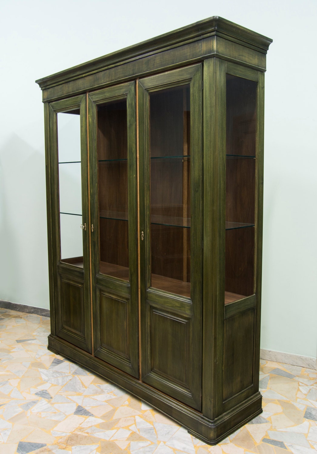 Green Bookcase with three doors Hand Made three doors wooden Etsy