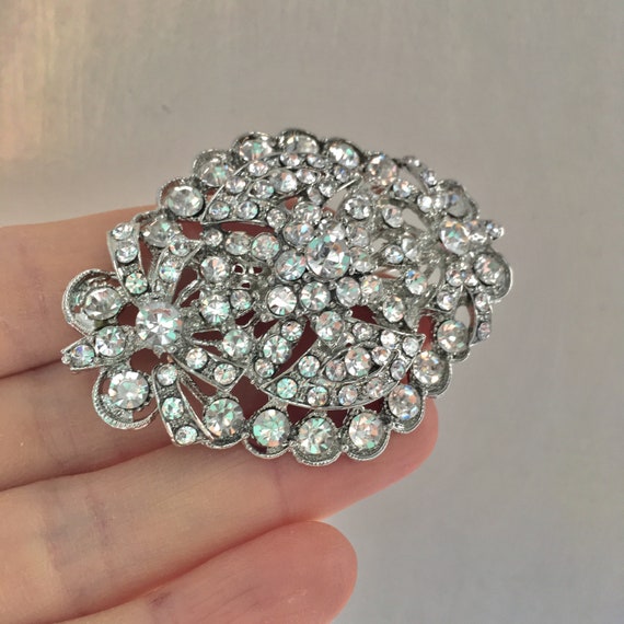 3/" SILVER BUTTERFLY FLOWER PEACOCK BROOCH DIAMANTE CRYSTAL WEDDING PARTY BROACH