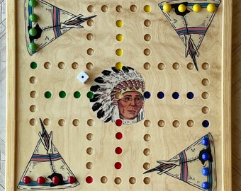 AGGRAVATION / marble GAME BOARD.  Wooden.15 x 15.  4 player with images  kk04