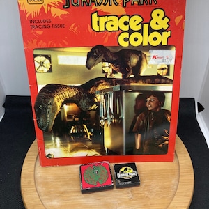 1992 Jurassic Park Memorabilia Trace and Color book plus 2 collector stamps