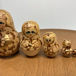 Matryoshka Russian Nesting Dolls SET of 5 - Natural Wood w/ Burned Gold Accents