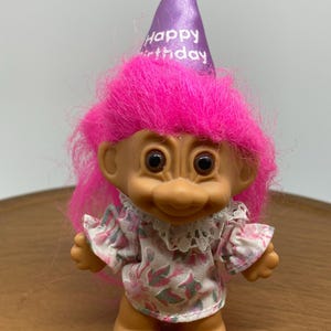 Russ Berrie Birthday Troll Doll Vintage Birthday Hat  Dress Troll Lover Gift Pink Hair 1990s
