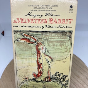 Może przedstawiać: Vintage egzemplarz książki "Welwetowy Królik" Margery Williams z ilustracjami Williama Nicholsona. Okładka przedstawia ilustrację czerwonego i białego królika. Książka zawiera tekst z The New York Times Book Review.