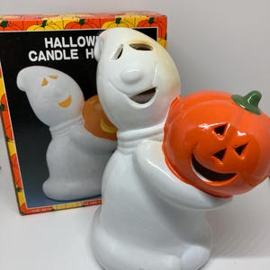 Halloween Ceramic Ghost on Jack-O-Lantern Light Candle Holder In Original Box Vtg Kmart decor by Pumpkin Time 1990s