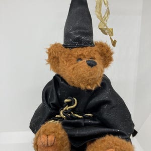 May include: A brown teddy bear wearing a black satin wizard costume with gold accents. The bear has a black hat with star details and a gold ribbon. The bear is sitting down.