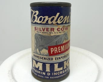 Mini lattina premium di latte evaporato Borden's Silver Cow, pubblicità vintage