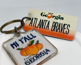 Vtg Georgia License Plate Key chain Atlanta Braves and  Vtg GA Souvenir Peach State Atlanta Braves Fan Hi Y’All from GA