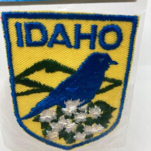 Op de afbeelding: Geborduurde patch met het woord "IDAHO" in blauw op een gele achtergrond. Een blauwe vogel en witte bloemen zijn onder de tekst geborduurd, met groene bergen. De patch is blauw omrand. Het woord "originals" staat bovenaan.