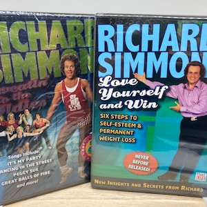 May include: Two DVDs featuring Richard Simmons. One is titled "Sweatin' to the Oldies" with a group of people dancing. The other is "Love Yourself and Win" with text about self-esteem and weight loss. Both DVDs are in plastic wrap.
