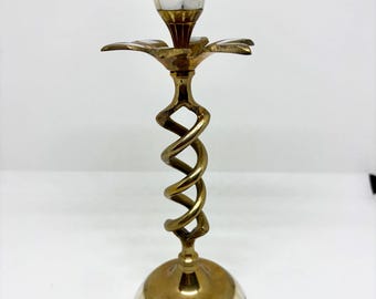 Vtg Brass Spiral Candlestick with Mother of Pearl Inlays barely twist spiral