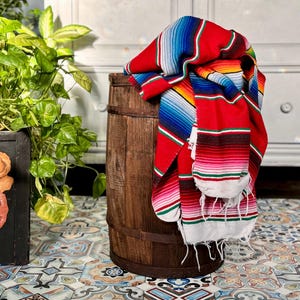 vintage Mexican serape blanket in very soft acrylic and polyester, yoga throw