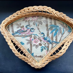 Antique wicker triangular serving  tray with fabric and glass insert -1920s