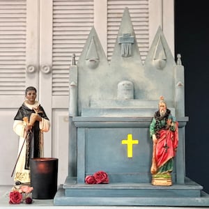 religious shrine, table top home altar, religious decor, eclectic wood nicho