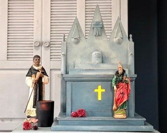large table top home altar, religious decor, eclectic painted niche