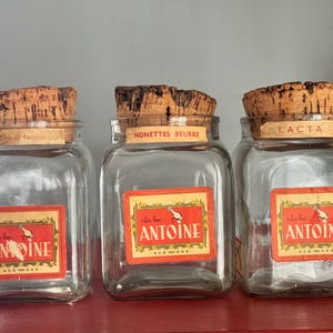 Antique Antoine Brussels Glass Jar with Cork Lid: Vintage French Decor