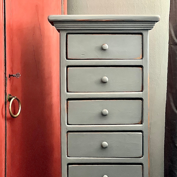 farmhouse style pine tall and  narrow chest of drawers, bathroom storage with 8 small drawers