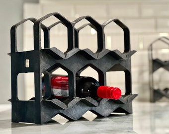 counter top Midcentury wine rack, stackable ornapress modular, 6 bottle black plastic brutalist design, made in Switzerland