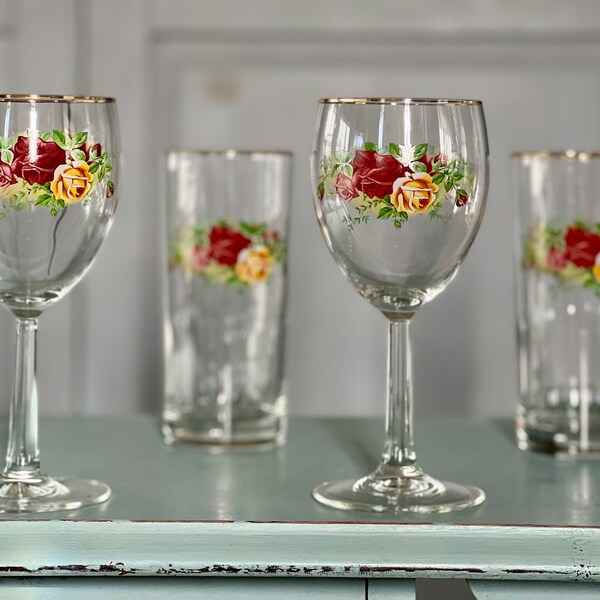 wine glasses and tumblers for spring or Mother’s Day, vintage Royal Albert Old Country Roses pattern, roses decor