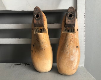 pair of small children wooden vintage shoe forms, vintage industrial decor