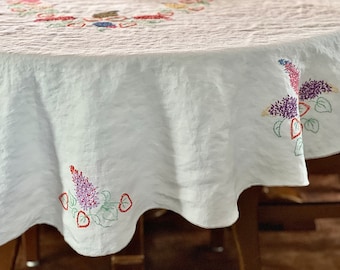 vintage hand stitched oval cotton linen blend floral tablecloth