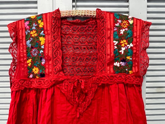 vintage red Mexican folk dress mid length size sm… - image 7