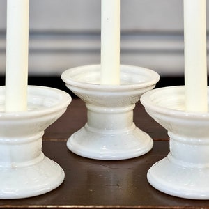 set of 3 vintage milk glass candle holders for tapers, tea light or pillars, farmhouse style table decor, hostess gift for tablescape