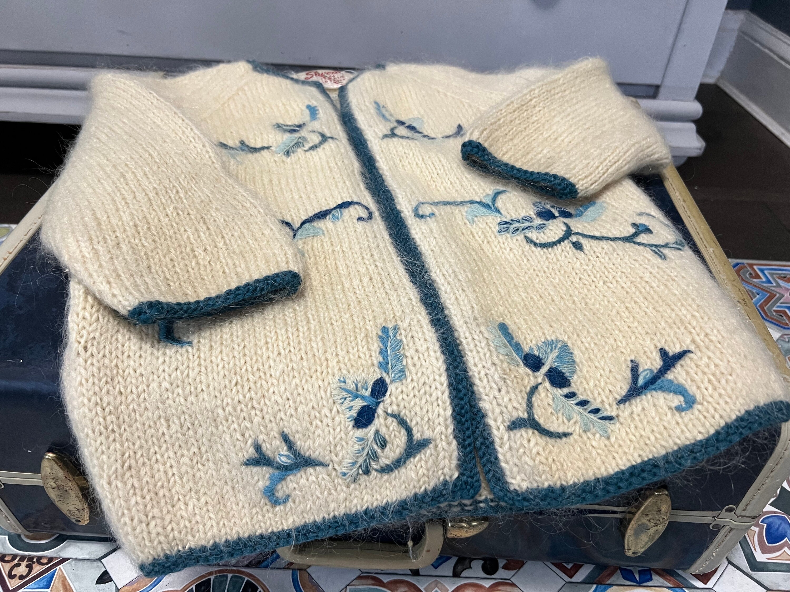 1950s Hand Knit Mohair Cardigan: Vintage Italian Embroidered