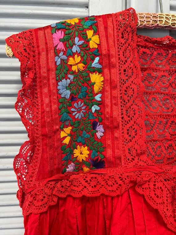 vintage red Mexican folk dress mid length size sm… - image 5