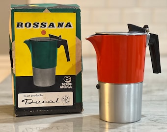 vintage Italian stove top espresso maker with chrome top and orange bottom - Rossana by Ducal
