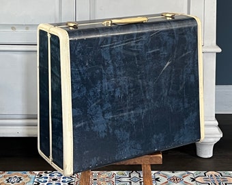 large vintage midcentury blue hardcase suitcase,  vintage Samsonite luggage