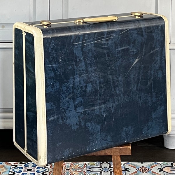 large vintage midcentury blue hardcase suitcase,  vintage Samsonite luggage