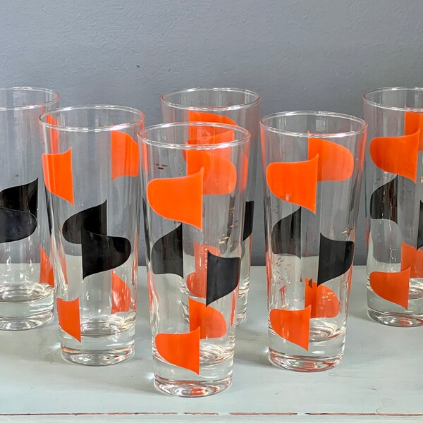 midcentury vintage orange and black atomic tumblers, halloween barware, soda glasses,  set of 6