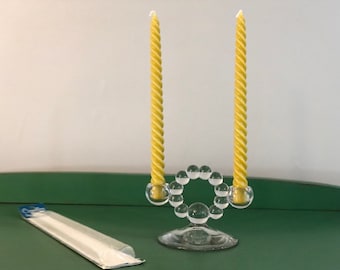 vintage avocado spiral dripless taper 12” candles, mcm decor, yellow-green midcentury candlesticks