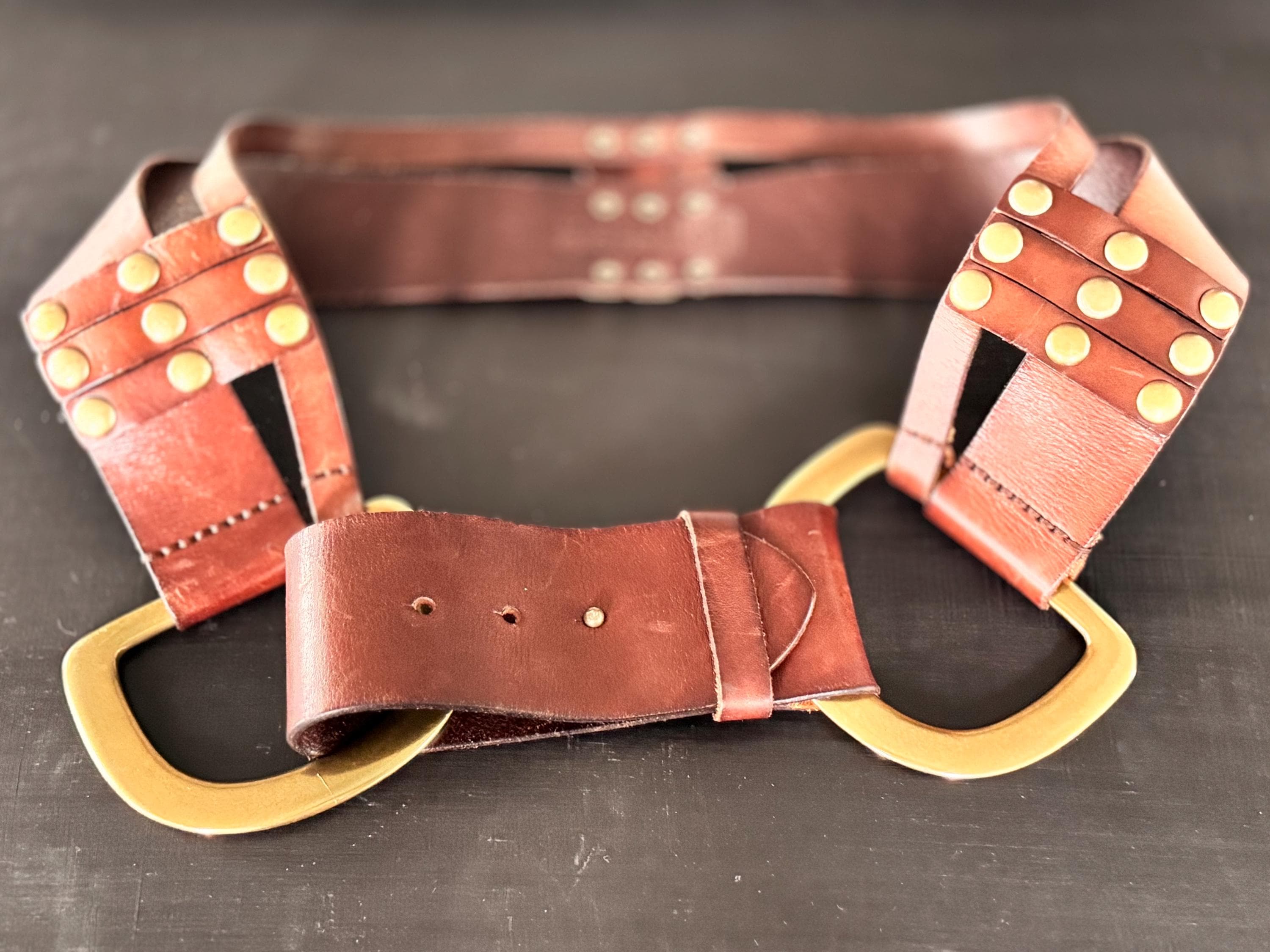 Linea Pelle Brown Leather Skinny Belt Antique Gold Hook Ring Buckle XL Linea Pelle Leather Gold Belts for Women for sale | eBay main image 4