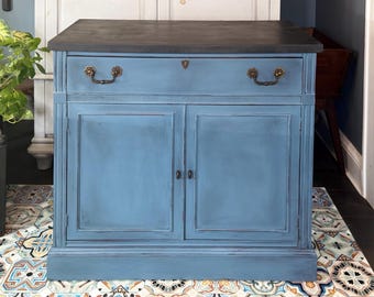 Denim Blue Wood Vintage Cabinet, Console or Sideboard, Hand Painted