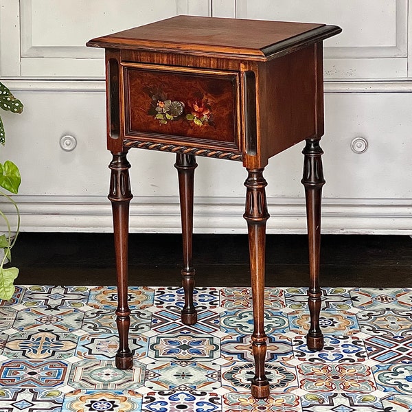 vintage wood nightstand- country French  bedroom furniture - 1 drawer nightstand with long legs