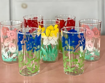 vintage 1950s juice glasses,  swanky swig assorted flower glasses