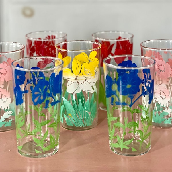 vintage 1950s juice glasses,  swanky swig assorted flower glasses