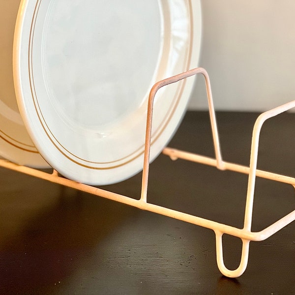 vintage 1950s light pink rubber coated 3-tier plate rack, retro pink kitchen decor, midcentury dish storage, cupboard organizer