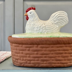 vintage lidded chicken or hen on nest dish, farmhouse style trinket dish